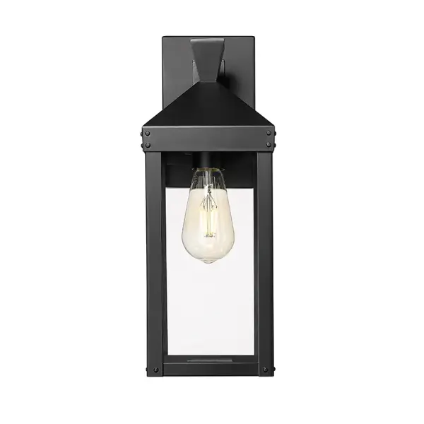 This outdoor wall sconce features a powder coated black finish designed for weather resistance and contemporary appeal. Ideal for illuminating exterior entryways, patios, and porches with modern style.