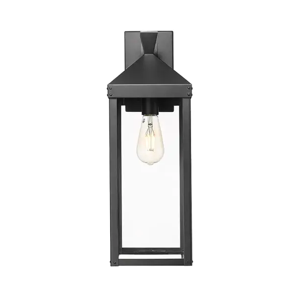 This outdoor wall sconce features a powder coated black finish designed for weather resistance and contemporary appeal. Ideal for illuminating exterior entryways, patios, and porches with modern style.