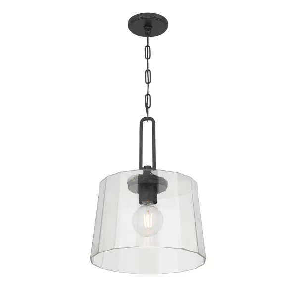 The Diamara pendant features a distinctive hammered glass shade inspired by English box pleat lampshades, paired with oversized hook and chain hardware in matte black. Perfect for adding sophisticated character to any space.