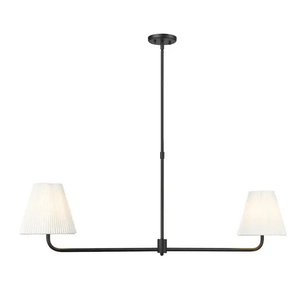 This contemporary linear pendant combines clean matte black hardware with elegant white fabric shading for sophisticated ambient lighting. Perfect for modern dining spaces and kitchen islands.