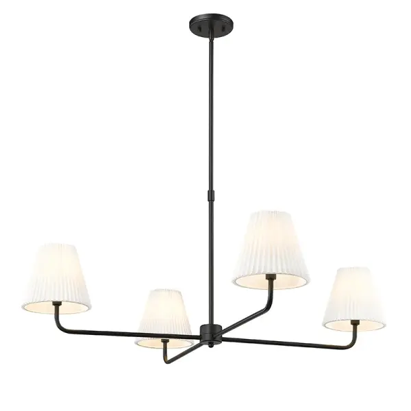 This sophisticated chandelier combines a soft white fabric shade with a contemporary matte black finish, creating a versatile lighting solution that bridges traditional and modern aesthetics.