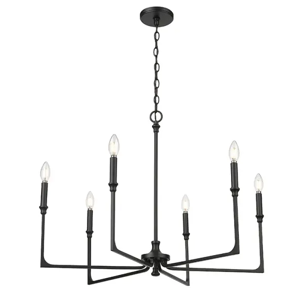 The 25306 chandelier in matte black finish offers contemporary styling that complements a variety of interior designs. Its neutral black finish provides versatility for both residential and commercial applications.