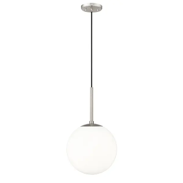 A contemporary pendant light featuring a brushed nickel finish that complements both residential and commercial interiors. Its neutral metallic tone pairs well with various design schemes.