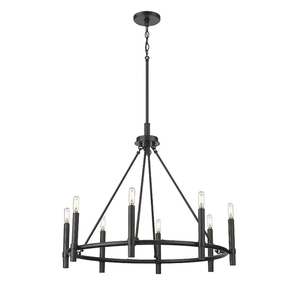 This contemporary chandelier in matte black finish offers a bold, sophisticated look that complements modern and industrial interiors. Its neutral black tone provides design flexibility across various room settings.