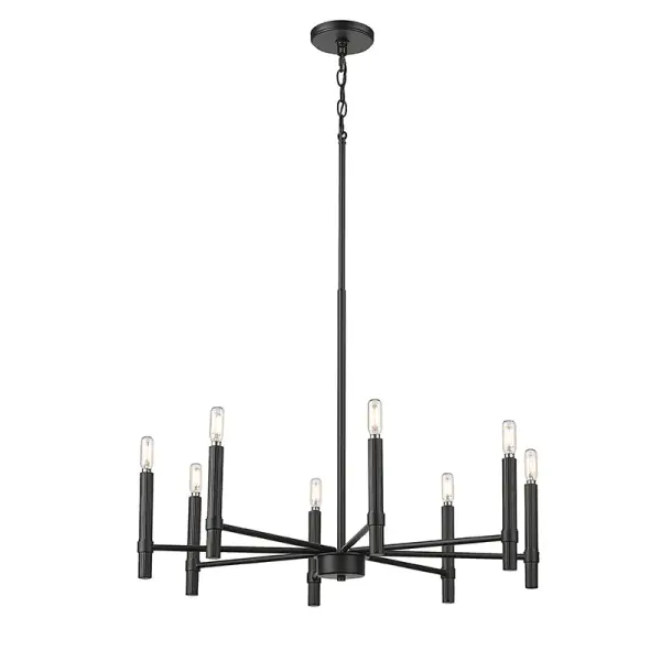 This contemporary chandelier in matte black finish offers a bold, sophisticated look that complements modern and industrial interiors. Its neutral black tone provides design flexibility across various room settings.