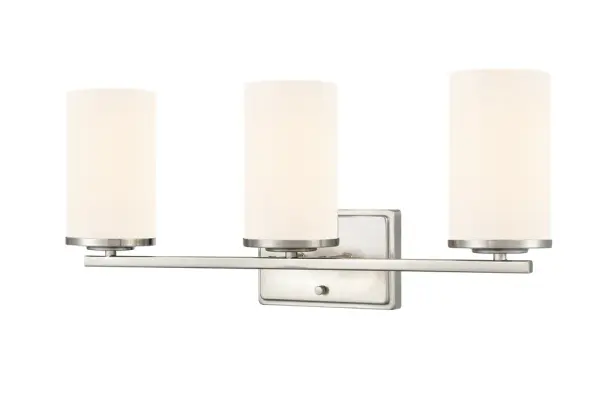 The Verlana 2-light vanity combines striking industrial design with sophisticated style. Cylindrical glass shades and brushed nickel finish create a versatile fixture perfect for modern bathrooms and powder rooms.