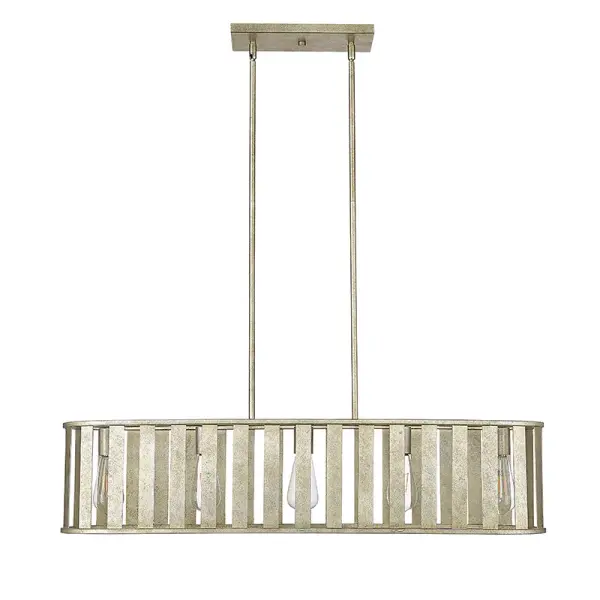 This linear chandelier combines transitional styling with a sophisticated antique silver finish, making it perfect for dining rooms and kitchen islands. Its elongated design provides balanced illumination.