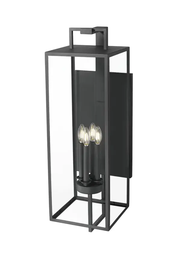 The Lamont Collection reimagines Victorian Gothic design for contemporary exteriors. Steel framework with textured black finish and clear glass panels create dramatic visual impact while revealing classic candle-style lighting.