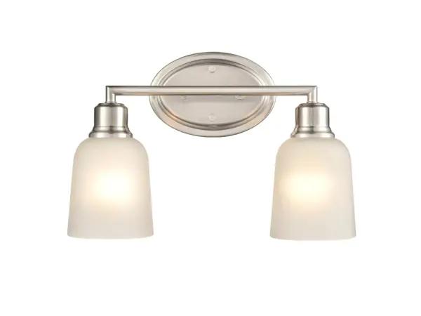 The 2802 vanity light combines transitional styling with a brushed nickel finish, making it an ideal choice for bathroom lighting. Its neutral metallic tone complements various design schemes while providing functional illumination.