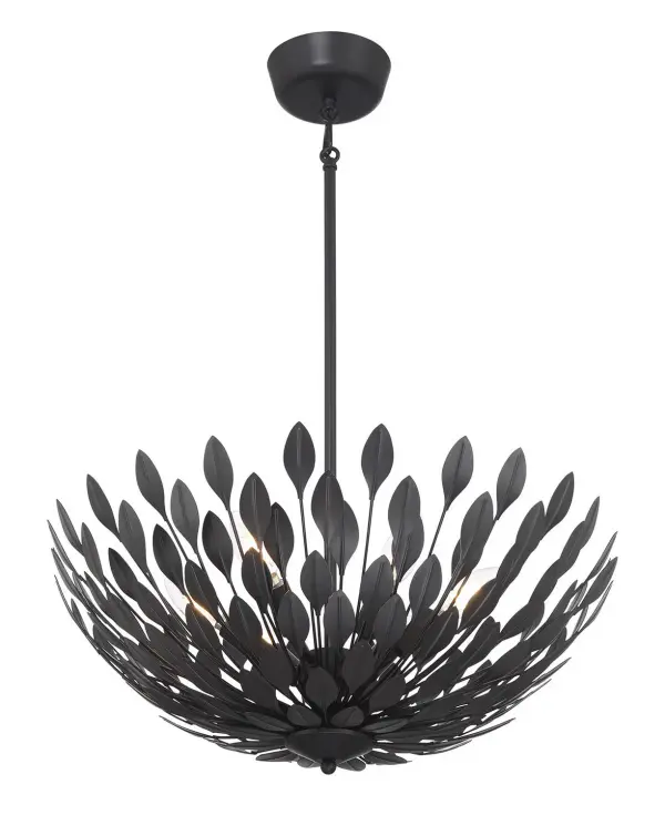 Inspired by a free‑flowing, wild herb garden, Merylmint diffuses light through matte black metal leaves, creating a dappled display across dining tables, kitchen islands, and gathering spaces. The 21-inch, six‑light pendant offers generous, dimmable illumination, and is dry-rated for indoor use. Collection: Merylmint Finish: Matte Black Width: 21.00" Height: 9.00" Length: 21.00" Weight: 10.12 lb Wire: 70" Rod: 6"/12"/18" Canopy: 5.1"x1.7" Number of Bulbs: 6 Maximum Wattage: 60.00 W Bulb Type: B11 Bulb Base: E12 Candelabra Light Source: Incandescent Dimmable Voltage: 120.00 V Material: Steel Country of Origin: Vietnam Safety Listing: ETL Safety Rating: Dry Connection: Hardwired Manufacturer Warranty: 1 year-limited manufacturer's warranty. Spec Sheet Instructions