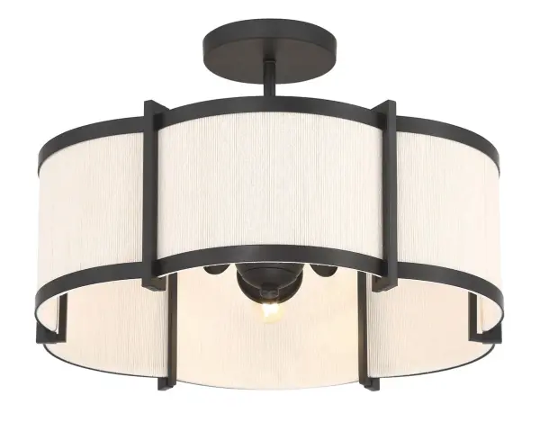 Giving a transitional aesthetic, the Marlbeck pairs matte black metalwork with off‑white shades overlaid with woven cotton rope. The look brings a refined, handcrafted feel. The three‑light , 18-inch semi‑flush mount is scaled for lower ceilings or smaller rooms. It provides bright, dimmable illumination and is dry‑rated for indoor use. Collection: Marlbeck Finish: Matte Black Glass: Off White Width: 18.00" Height: 12.00" Length: 18.00" Weight: 6.82 lb Wire: 7" Canopy: 5.1"x0.8" Number of Bulbs: 3 Maximum Wattage: 60.00 W Bulb Type: B11 Bulb Base: E12 Candelabra Light Source: Incandescent Dimmable Voltage: 120.00 V Material: Steel,Cotton Rope Country of Origin: Vietnam Safety Listing: ETL Safety Rating: Dry Connection: Hardwired Manufacturer Warranty: 1 year-limited manufacturer's warranty. Spec Sheet Instructions