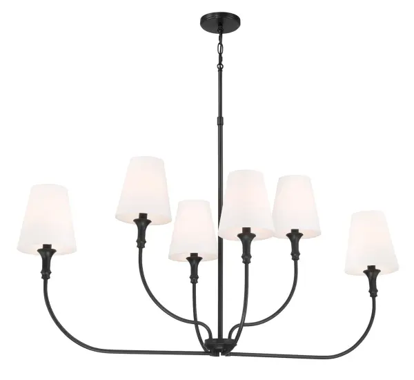 Elegant and with a classic, gently curved profile, the Mairbourne blends black matte metalwork with crisp white linen shades for a contemporary update to traditional style. Designed for dry‑rated interiors, it provides bright, dimmable illumination. The six-light, 48-inch linear chandelier offers a balanced scale ideal for open spaces and grand dining rooms. Collection: Mairbourne Finish: Matte Black Glass: White Width: 48.00" Height: 29.00" Length: 22.50" Weight: 8.36 lb Wire: 70" Rod: 6"/12"/18" Canopy: 5.1"x0.7" Number of Bulbs: 6 Maximum Wattage: 60.00 W Bulb Type: B11 Bulb Base: E12 Candelabra Light Source: Incandescent Dimmable Voltage: 120.00 V Material: Steel,Linen Fabric Country of Origin: Vietnam Safety Listing: ETL Safety Rating: Dry Connection: Hardwired Manufacturer Warranty: 1 year-limited manufacturer's warranty. Spec Sheet Instructions