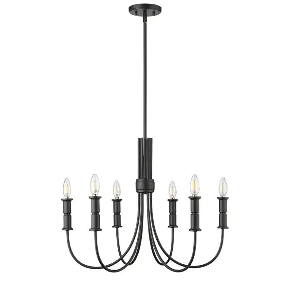 The 29206 chandelier in matte black finish offers contemporary styling that complements a variety of interior designs. Its neutral black finish provides versatility for both residential and commercial applications.