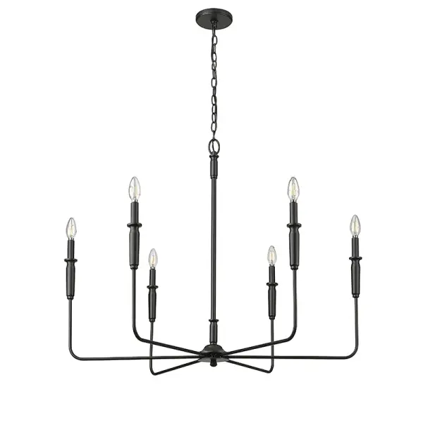 The 29406 chandelier in matte black offers contemporary styling that works across residential and commercial settings. Its neutral finish complements various design schemes while providing functional overhead lighting.