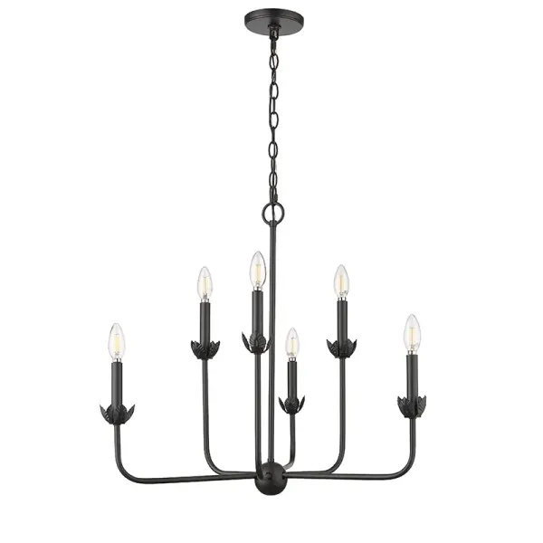 The 29706 chandelier in matte black finish offers contemporary styling that complements a variety of interior designs. Its neutral black finish provides versatility for both residential and commercial applications.