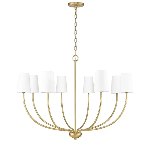 This chandelier combines vintage brass metalwork with crisp white fabric shades for a timeless look that bridges traditional and contemporary design. The warm brass finish adds sophistication while fabric shades provide soft, diffused lighting.