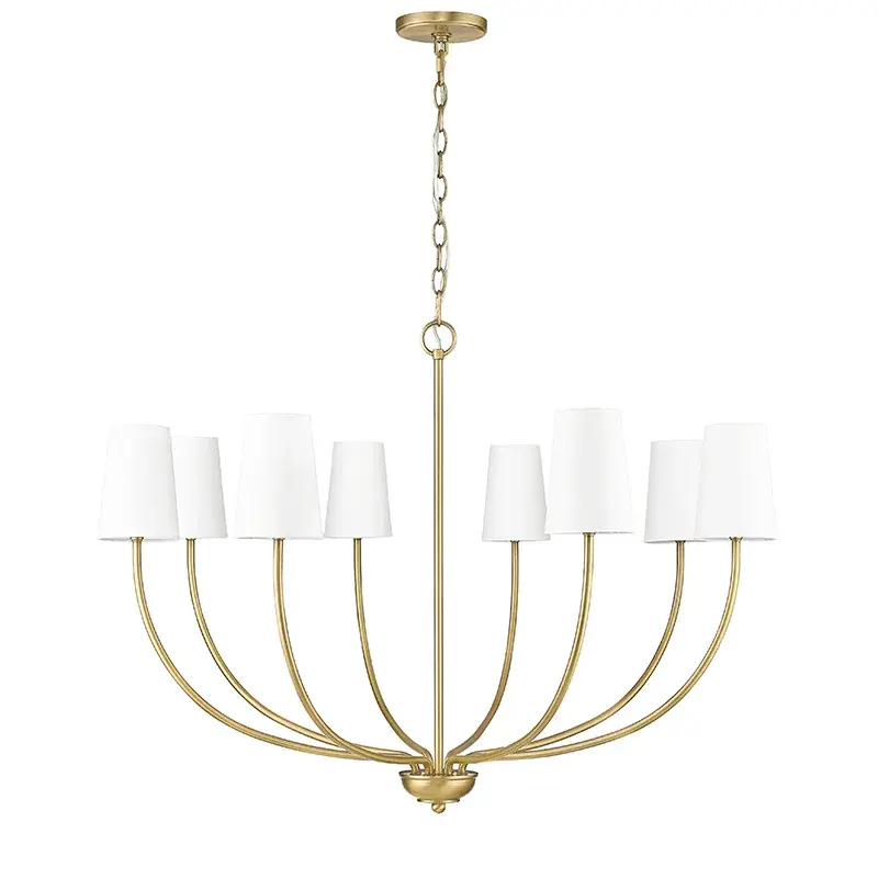 White Fabric Shade Chandelier in Vintage Brass