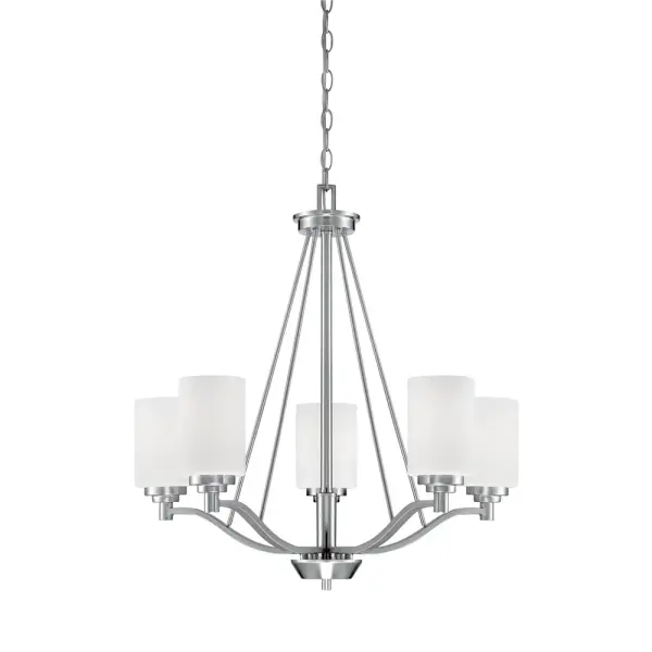 The 3155 chandelier in brushed nickel offers timeless appeal with its neutral metallic finish. Suitable for various interior styles, this fixture provides elegant overhead lighting for dining and living areas.