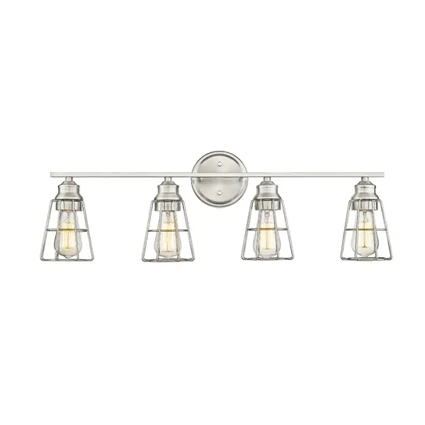 The 3384 vanity light offers timeless transitional styling with a versatile brushed nickel finish. Perfect for bathroom vanities, this fixture provides functional task lighting with understated elegance.