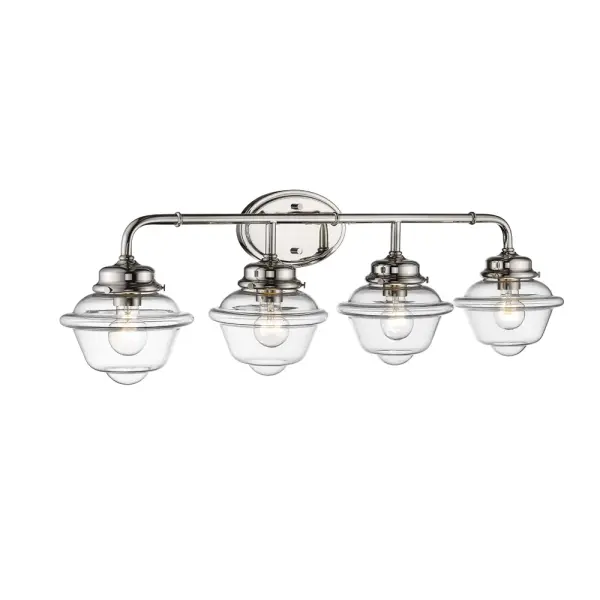 The 3444 vanity light in polished nickel delivers refined illumination for bathroom spaces. Its transitional design bridges traditional and contemporary aesthetics, making it versatile for various decor styles.