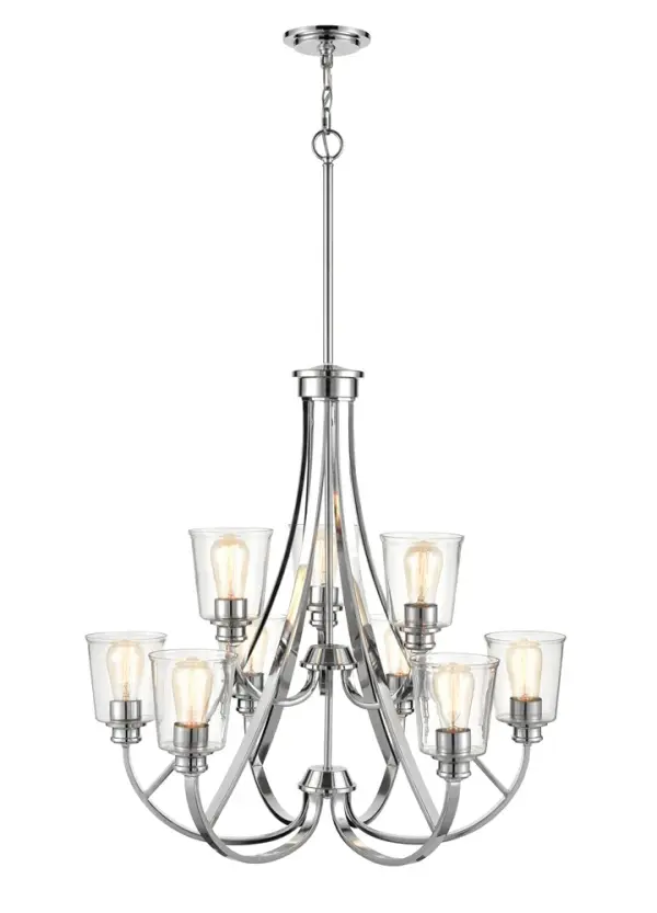 The 3629 chandelier features a polished chrome finish that brings modern sophistication to any space. Its versatile design works beautifully in both residential and commercial settings, offering timeless style.