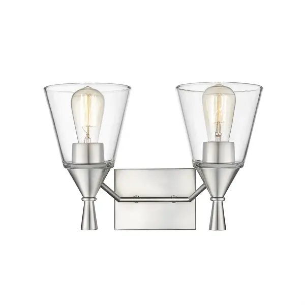 A versatile bath vanity light featuring a timeless brushed nickel finish that complements both traditional and contemporary bathroom designs. Ideal for providing functional task lighting at the mirror.