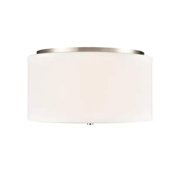 A practical flush mount ceiling fixture in brushed nickel finish that provides ambient lighting for rooms with standard or low ceilings. Its neutral metallic finish complements contemporary and transitional interiors.