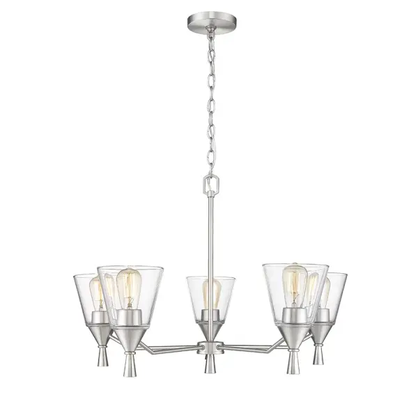 This brushed nickel chandelier offers timeless appeal with its neutral metallic finish that complements both contemporary and traditional interiors. The versatile design works beautifully in dining rooms, foyers, and living spaces.