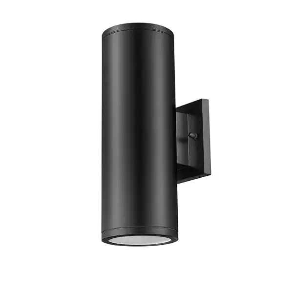 This outdoor wall sconce features a powder coated black finish designed for weather resistance and contemporary appeal. Ideal for illuminating exterior entryways, patios, and porches with modern style.