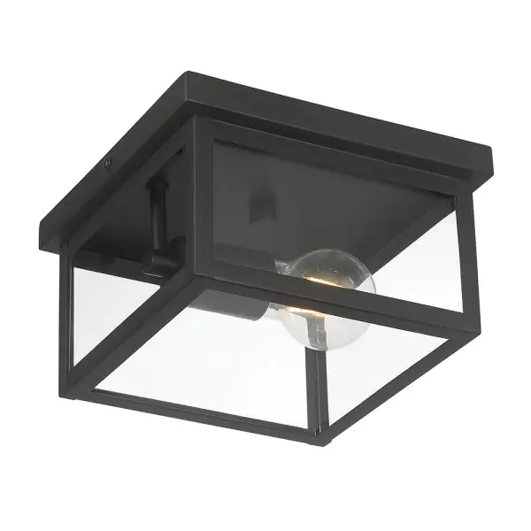 The Evanton flush mount brings contemporary style to outdoor spaces with its clean square design and powder coated black finish. Clear glass panels provide generous light output while the durable steel construction ensures longevity.
