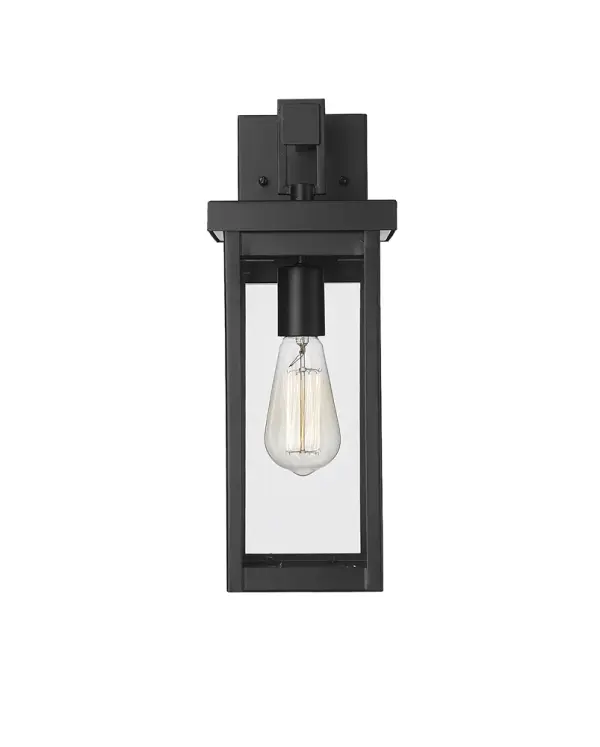 This outdoor wall sconce features a powder coated black finish designed for durability and weather resistance. Its contemporary styling complements modern exteriors while providing reliable outdoor illumination.