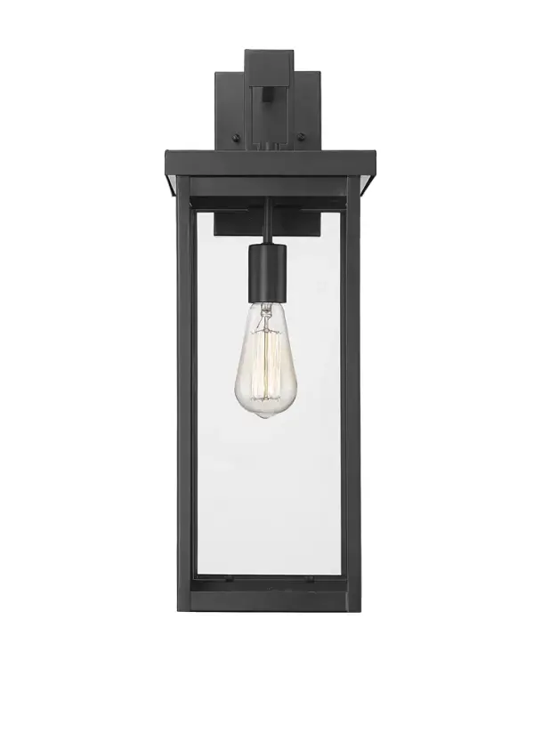 This outdoor wall sconce features a powder coated black finish designed for durability and weather resistance. Its contemporary styling complements modern exteriors while providing reliable outdoor illumination.