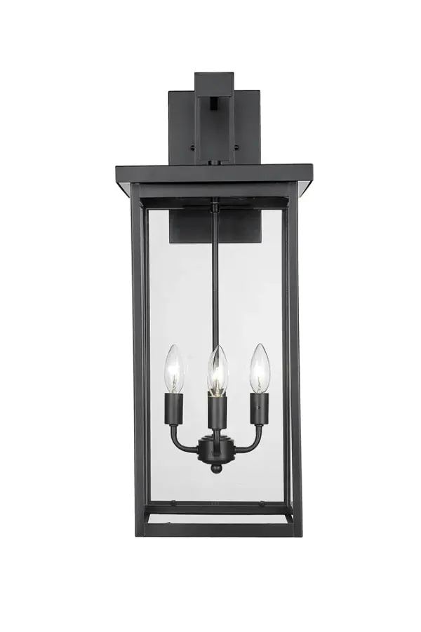 This outdoor wall sconce features a powder coated black finish designed for weather resistance and contemporary appeal. Ideal for illuminating exterior entryways, patios, and porches with modern style.