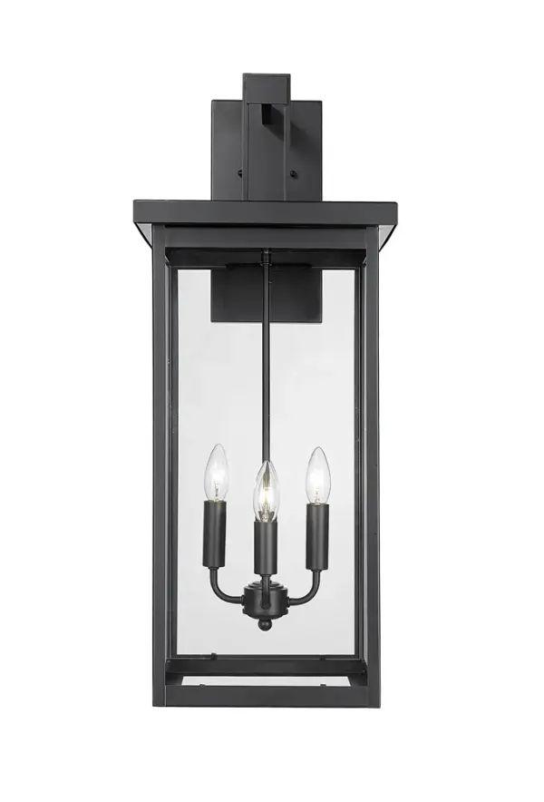 This outdoor wall sconce features a powder coated black finish designed for weather resistance and contemporary appeal. Ideal for illuminating exterior entryways, patios, and porches with modern style.