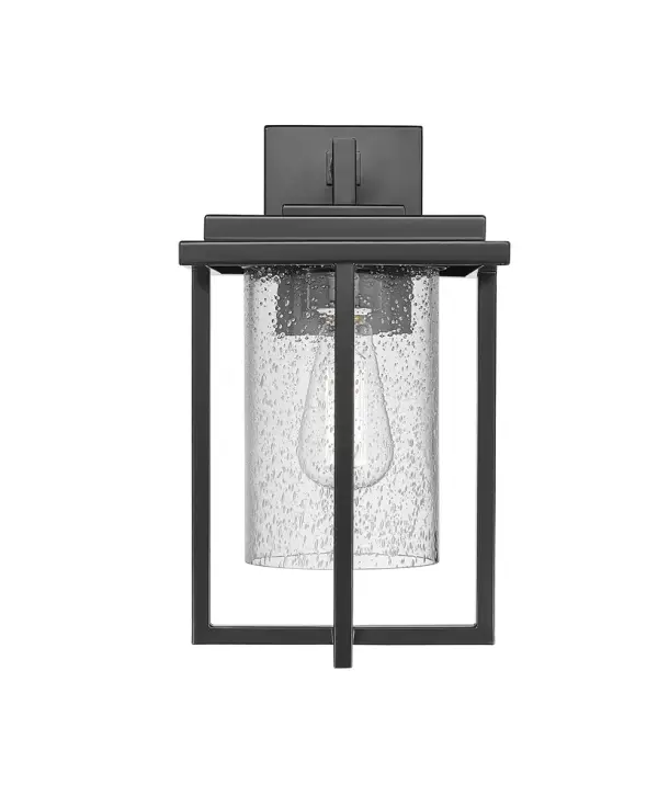 This outdoor wall sconce features a powder coated black finish designed for weather resistance and contemporary appeal. Ideal for illuminating exterior entryways, patios, and porches with modern style.