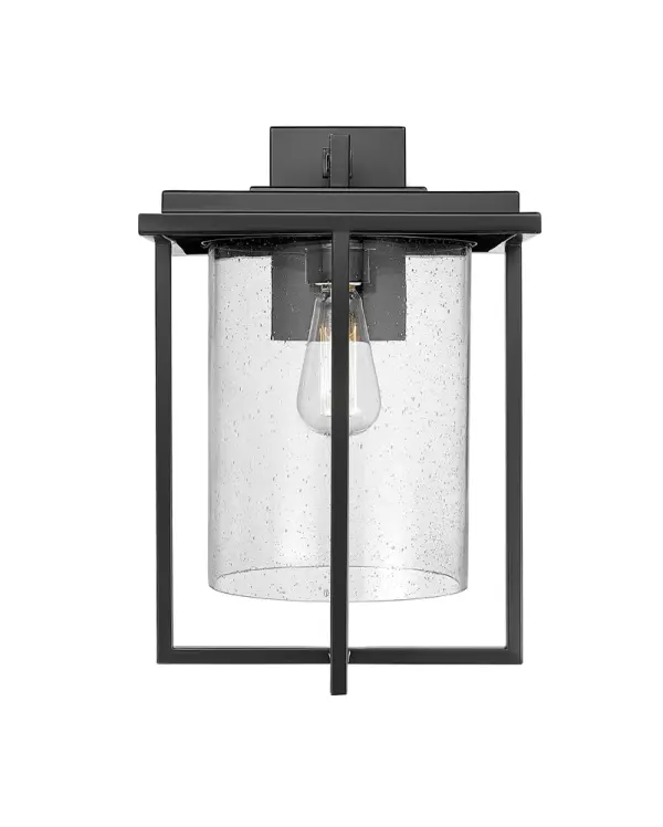 This outdoor wall sconce features a powder coated black finish designed for durability and weather resistance. Its contemporary styling complements modern exteriors while providing reliable outdoor illumination.