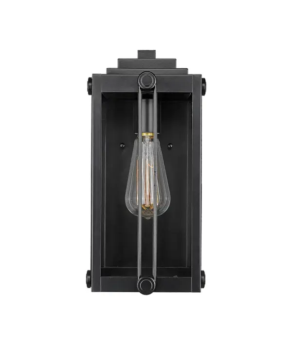 This outdoor wall sconce features a powder coated black finish designed for weather resistance and contemporary appeal. Ideal for illuminating exterior entryways, patios, and porches with modern style.