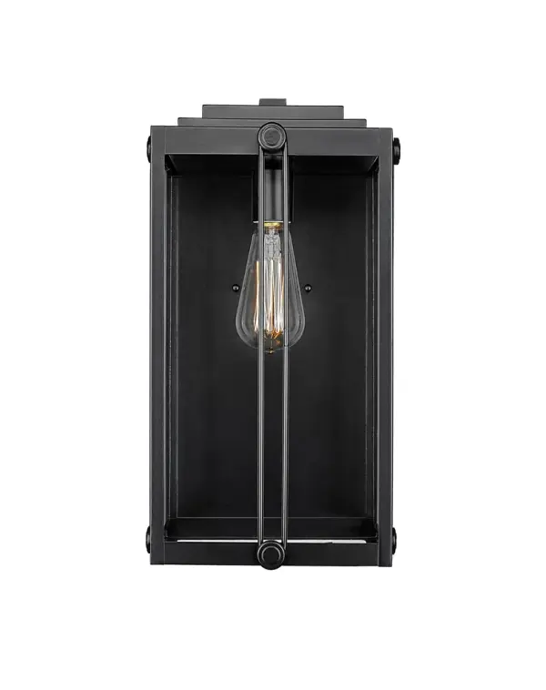 This outdoor wall sconce features a powder coated black finish designed for durability and weather resistance. Its contemporary styling complements modern exteriors while providing reliable outdoor illumination.