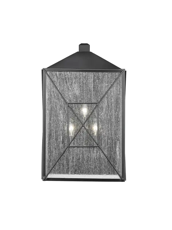 This outdoor wall light features a powder coated black finish designed for weather resistance and contemporary appeal. Ideal for exterior applications requiring reliable illumination and modern styling.