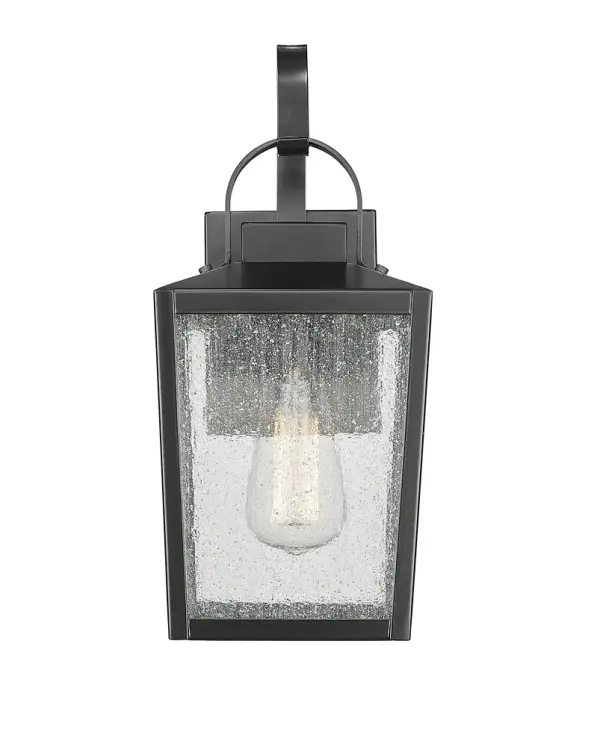 This outdoor wall sconce features a powder coated black finish designed for durability and weather resistance. Its contemporary styling complements modern exteriors while providing reliable outdoor illumination.