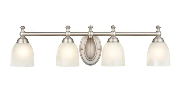 The 4304 vanity light offers timeless transitional styling with a versatile brushed nickel finish. Ideal for bathroom vanities, this fixture provides functional task lighting with understated elegance.