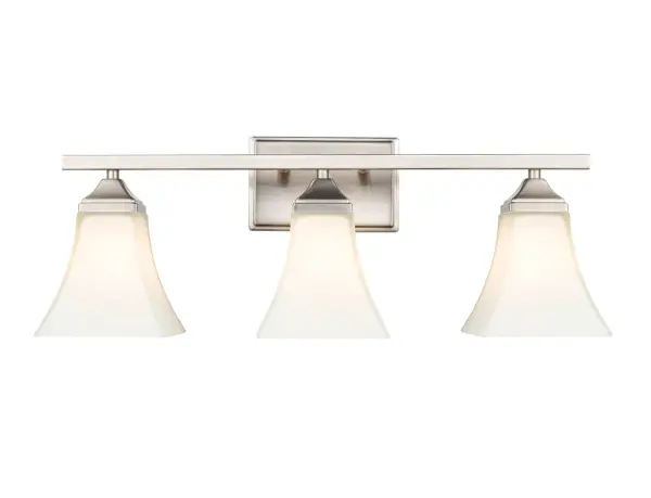 A versatile bath vanity light featuring a timeless brushed nickel finish that complements both traditional and contemporary bathroom designs. Ideal for providing functional task lighting at the mirror.