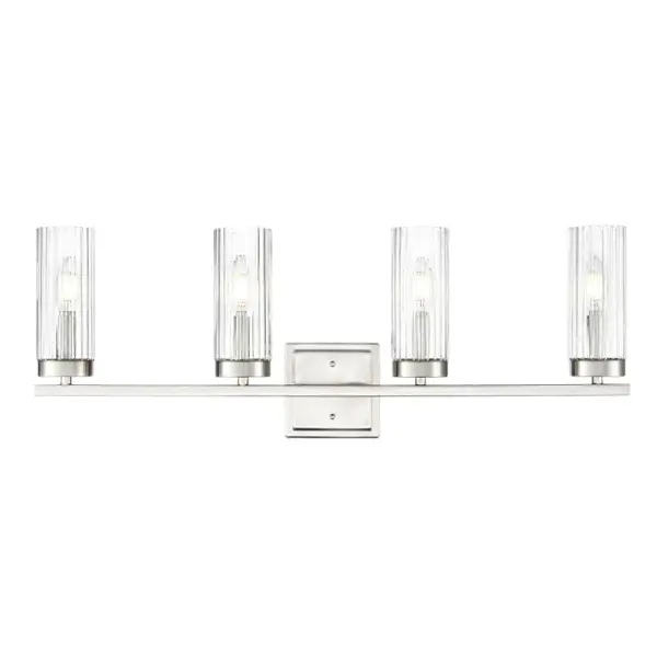 A versatile bath vanity light featuring a timeless brushed nickel finish that complements both traditional and contemporary bathroom designs. Ideal for providing functional task lighting at the mirror.