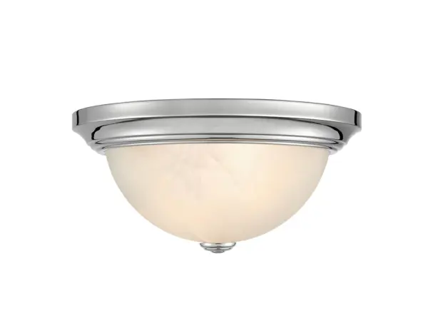 This contemporary flush mount fixture delivers clean, polished style with its chrome finish. Perfect for rooms with standard ceiling heights, it provides ambient lighting while maintaining a low profile.