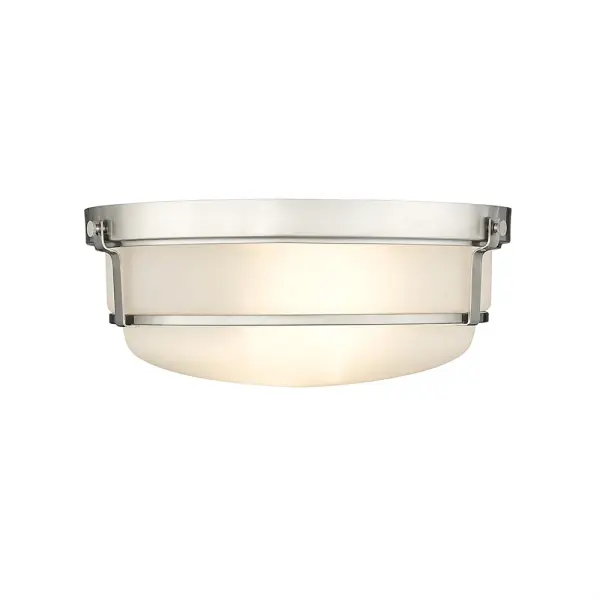 A practical flush mount ceiling fixture in brushed nickel finish that provides clean, contemporary lighting for rooms with standard ceiling heights. Ideal for bedrooms, hallways, and offices.