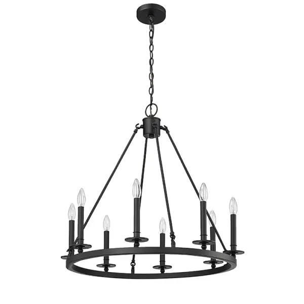 This contemporary chandelier in matte black finish offers a bold, sophisticated look that complements modern and industrial interiors. Its neutral black tone provides design flexibility across various room settings.