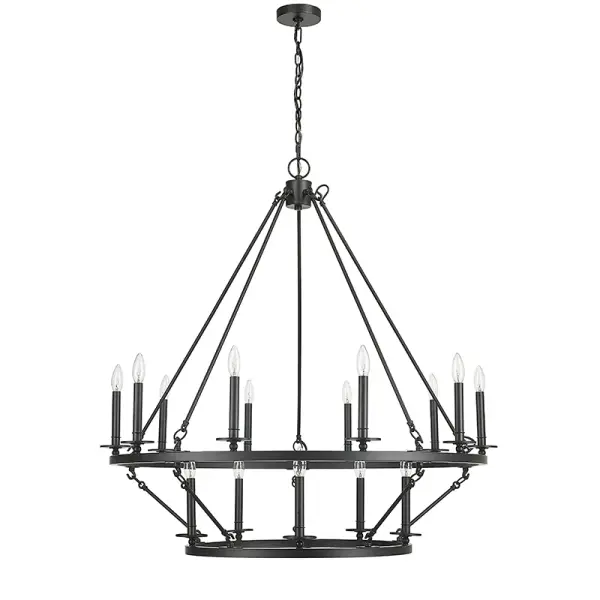 This contemporary chandelier in matte black finish offers a bold, sophisticated look that complements modern and industrial interiors. Its neutral black tone provides design flexibility across various room settings.