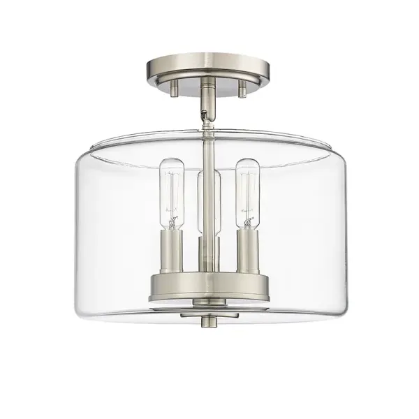 A practical semi-flush mount ceiling fixture in brushed nickel finish that provides ambient lighting for rooms with standard ceiling heights. Its transitional design works across multiple interior styles.