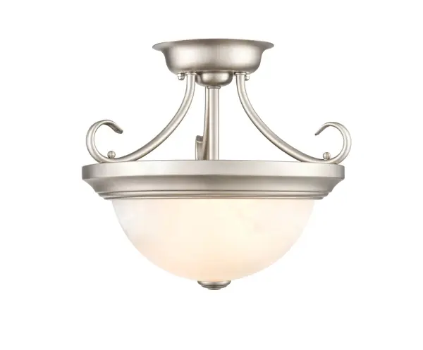 A practical semi-flush mount ceiling fixture in brushed nickel finish that provides ambient lighting for rooms with standard ceiling heights. Its transitional design works across multiple interior styles.