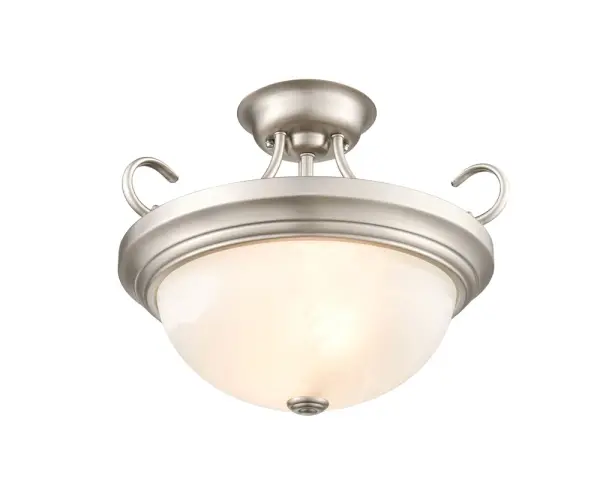 A practical semi-flush mount ceiling fixture in brushed nickel finish that provides ambient lighting for rooms with standard ceiling heights. Its transitional design works across multiple interior styles.